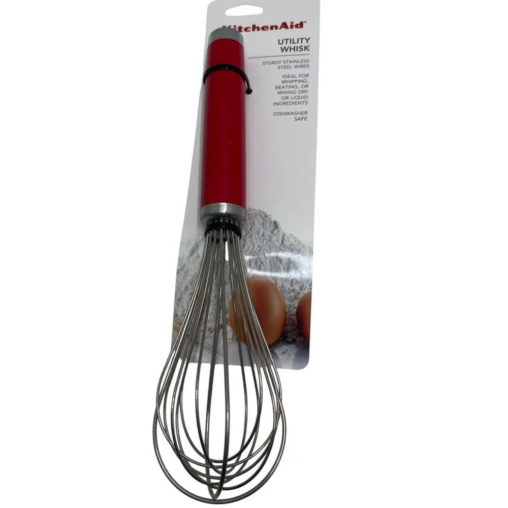 KitchenAid Red Stainless Steel‎ Utility Whisk Red Handle Dishwasher Safe New!